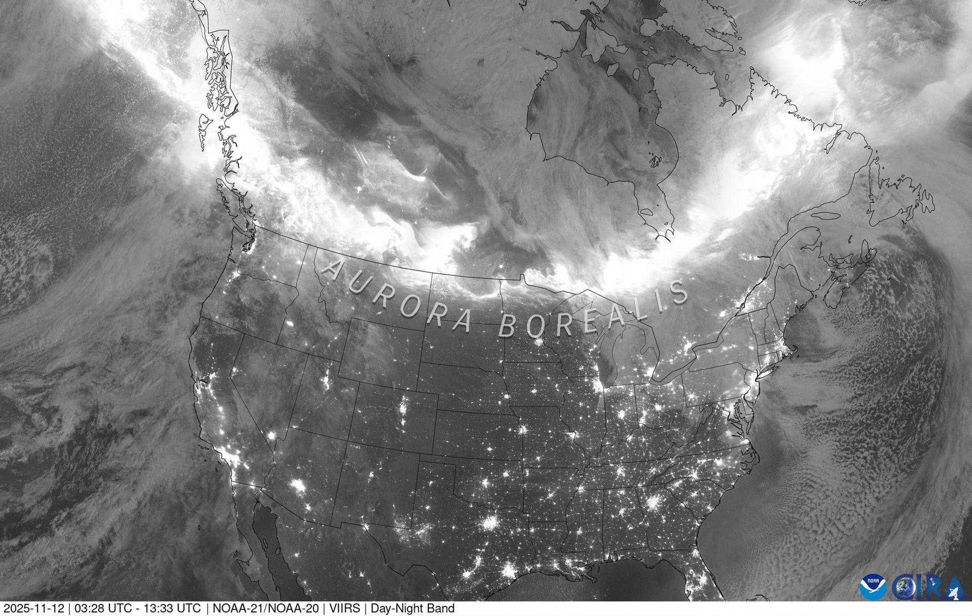 A NOAA composite captures the rare auroral display over North America on the evening of 11 November 2025.