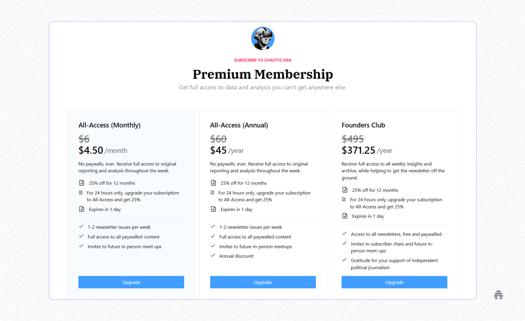 Premium Membership pricing page for the Chaotic Era newsletter, showing monthly, annual, and founders-tier plans with discounted rates and benefits like full access to reporting, paywalled content, and subscriber meetups