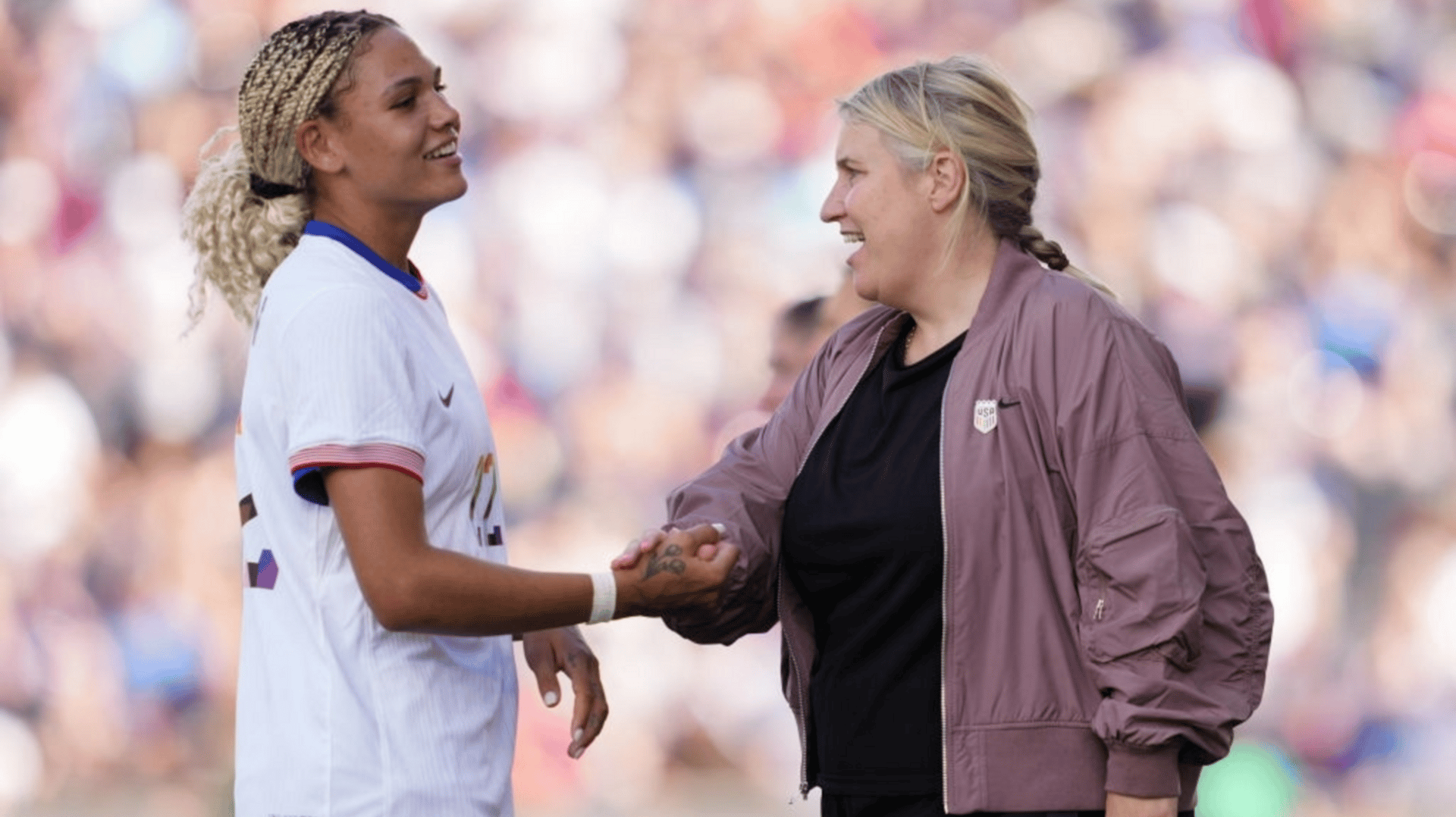 United States head coach Emma Hayes shakes hands with Trinity Rodman #22 during the second half against the Korea Republic