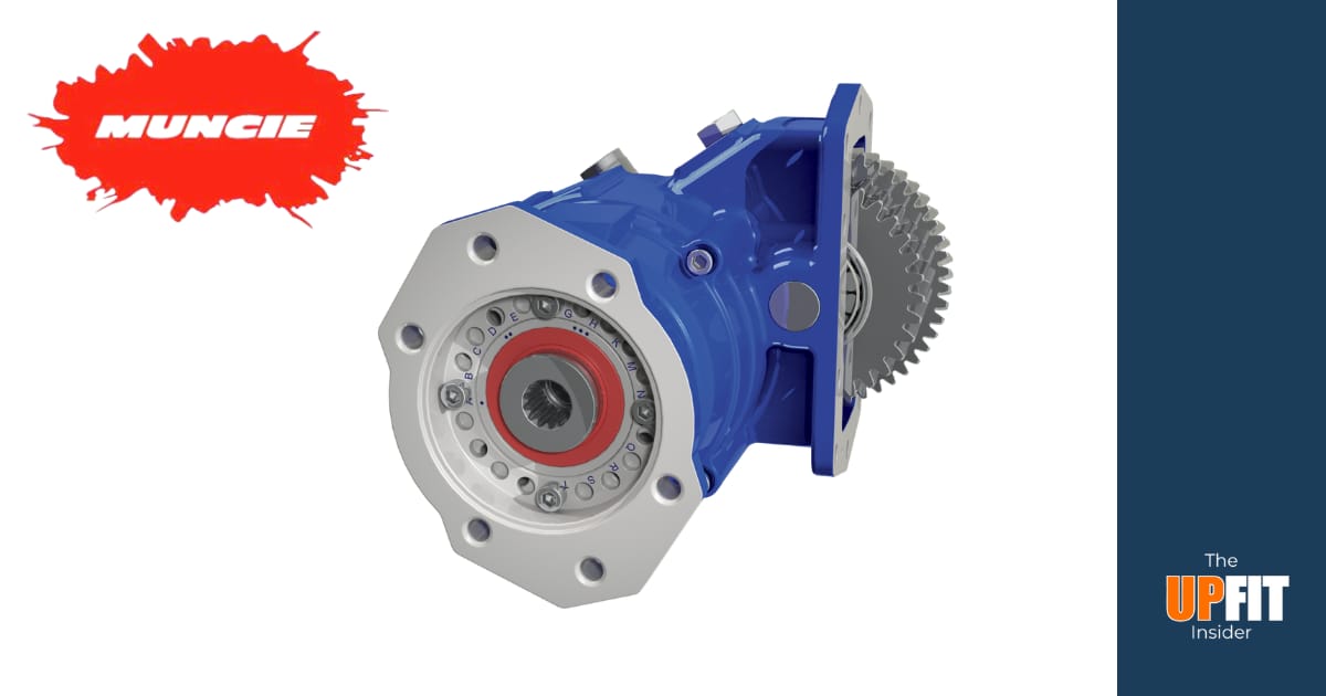 Blue Muncie A20 Series Power Take-Off with rotatable pump flange, designed for Allison 3000 and 4000 Series transmissions; rated up to 415 lb-ft torque for Class 7–8 dump, utility, refuse, tow, and snowplow trucks.