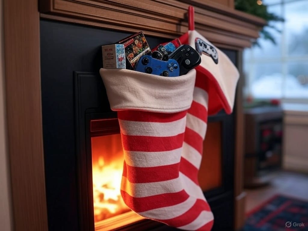 A festive Christmas stocking with red and white stripes hangs by a fireplace, visibly overflowing with gaming-themed items. A collectible figurine box corner, a controller-shaped keychain, and the handle of a quirky mug with a gaming design peek out. The warm, cozy atmosphere is enhanced by the crackling fire and soft, blurred background with a Christmas tree adorned with lights, captured in photorealistic detail with textured elements.