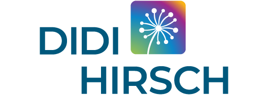 "Didi Hirsch logo featuring the organization’s name in blue capital letters beside a white dandelion design on a square rainbow gradient background."
