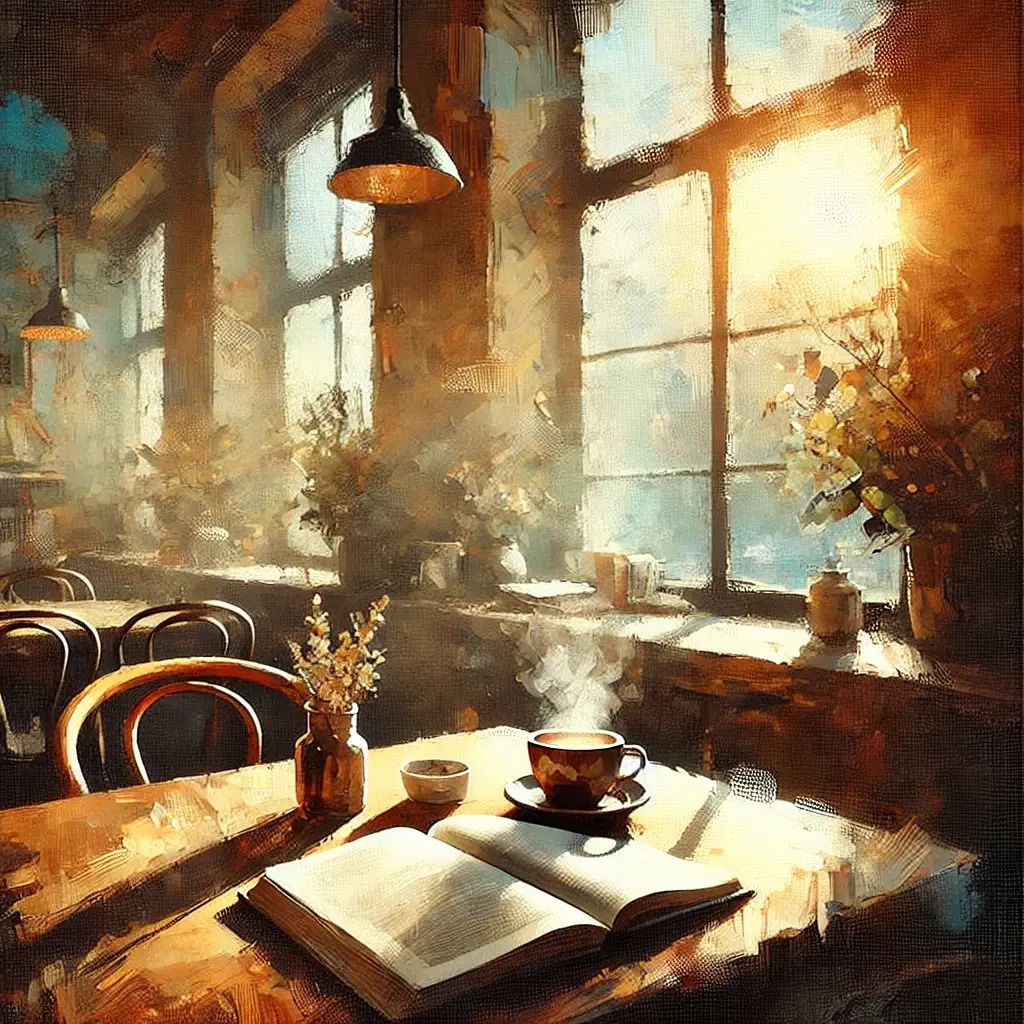 A warmly lit café interior depicted in a modern artistic painting style. A small table near a large window is featured, with sunlight streaming in. On the table, a steaming coffee cup and an open journal evoke a sense of calm and introspection.