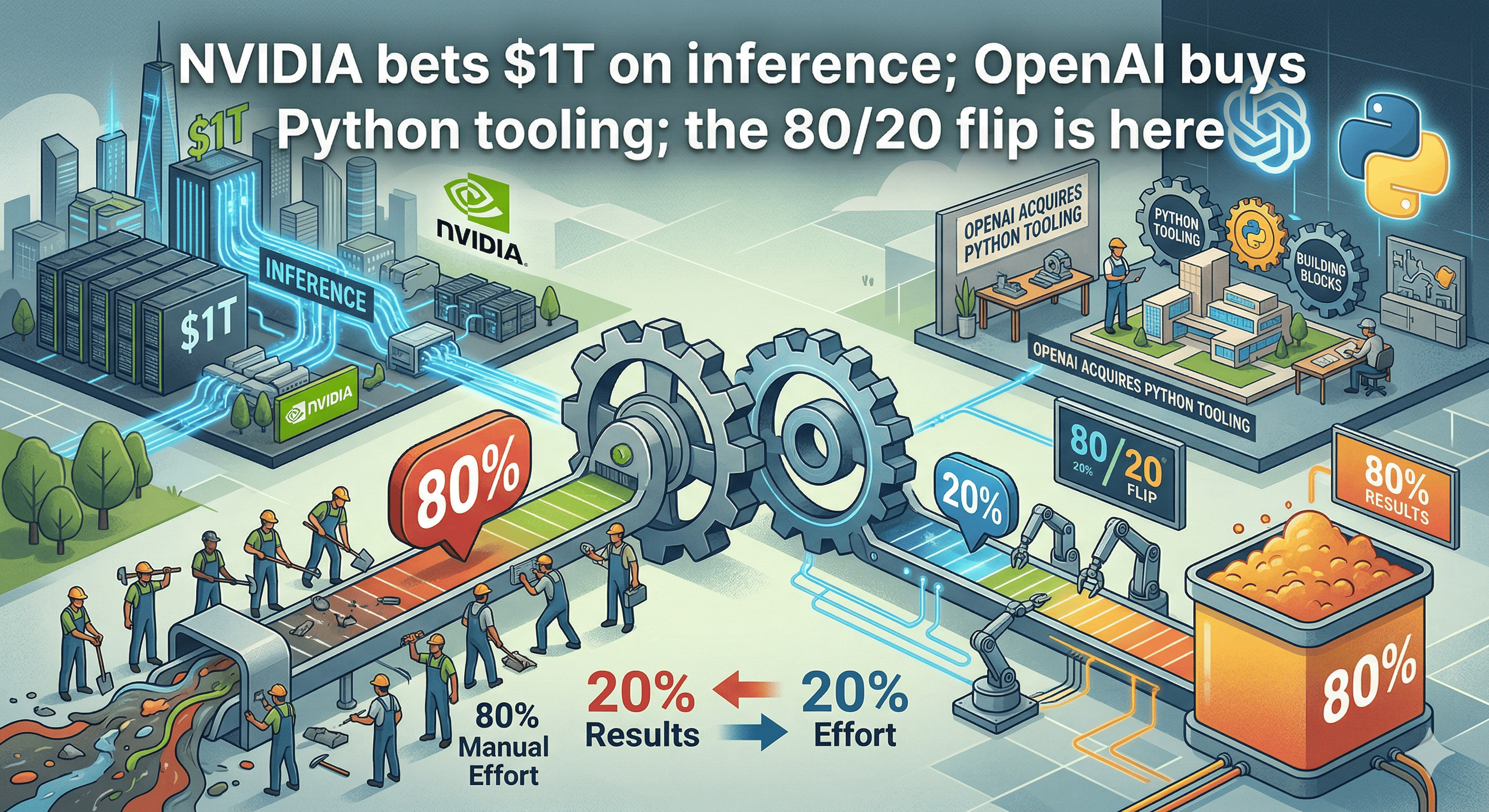 NVIDIA bets $1T on inference; OpenAI buys Python tooling; the 80/20 flip is here