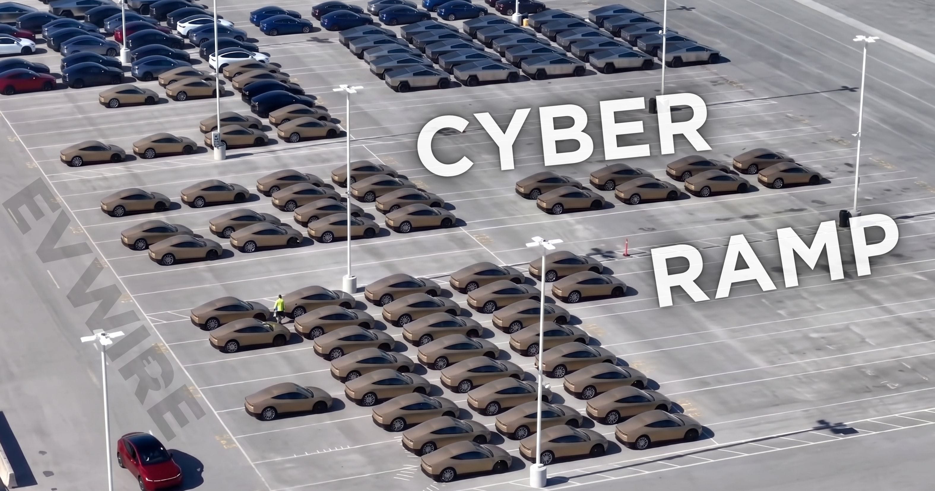 Drone footage shows over 70 Tesla Cybercabs in Giga Texas outbound lots