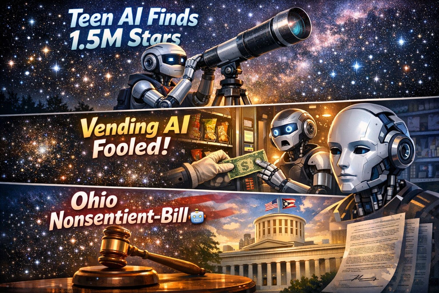 Teen's AI finds 1.5M stars, vending AI fooled, Ohio nonsentient-bill 🤖