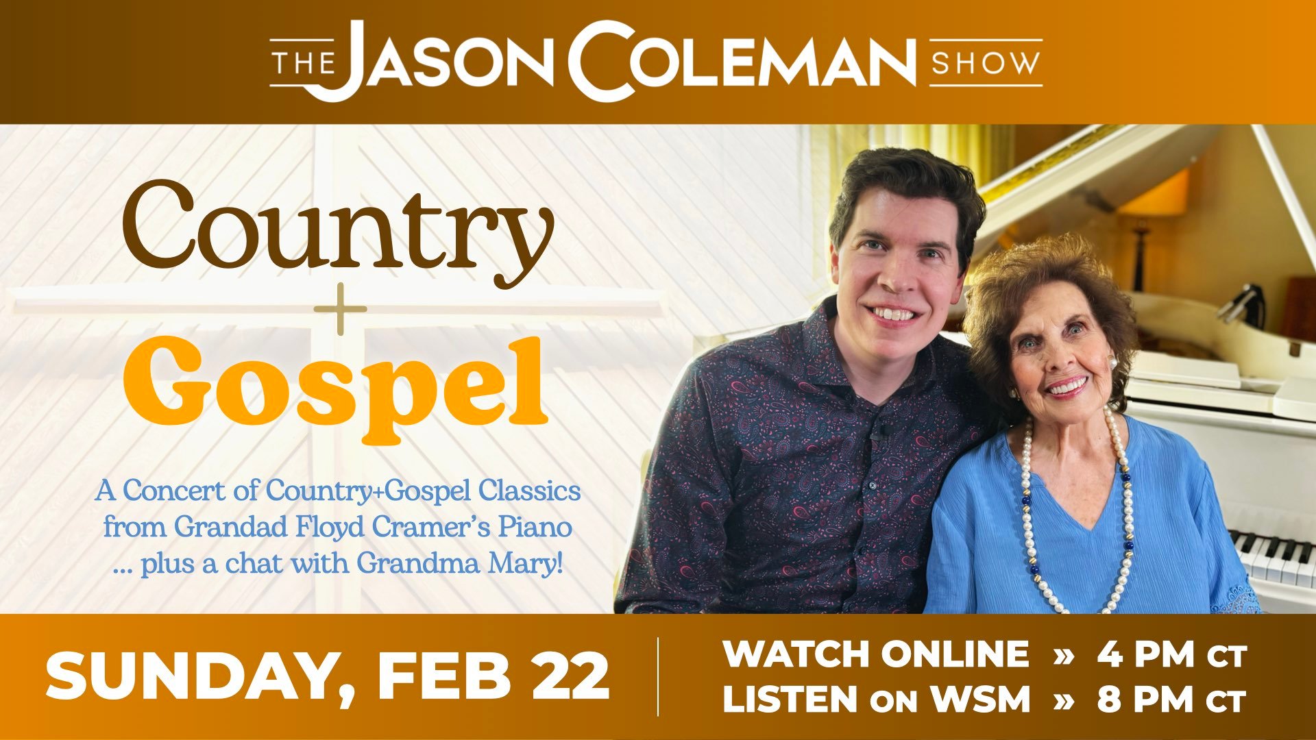 A concert of Country Gospel favorites from Grandad Floyd's piano