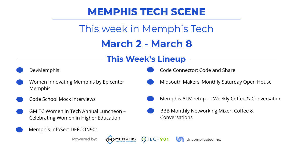 This Week in Memphis Tech (March 2-8): DevMemphis Monthly Meetup Leads + 8 Must-Attend Events