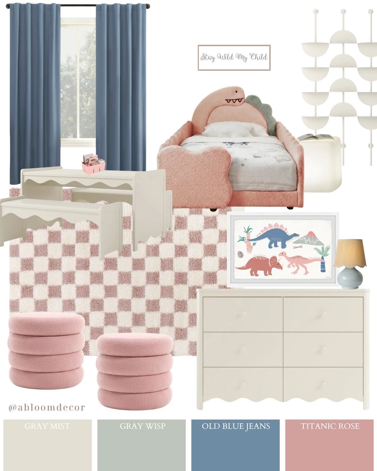 Playful Pink and Blue Dinosaur Toddler Girls Room Design