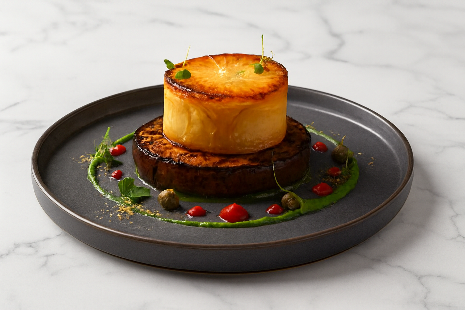 Pommes Anna over Aubergine with Herb Purée and Caperberry Accents