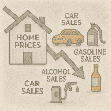 Home prices fall for 3rd month in a row, retail sales drop on cars and booze