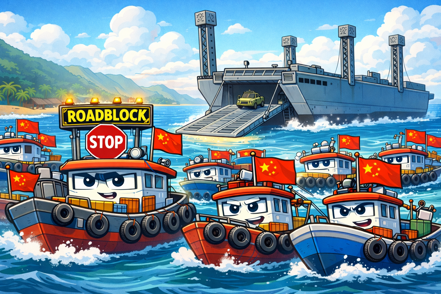 China Tests Amphibious Barges and “Floating Barriers”