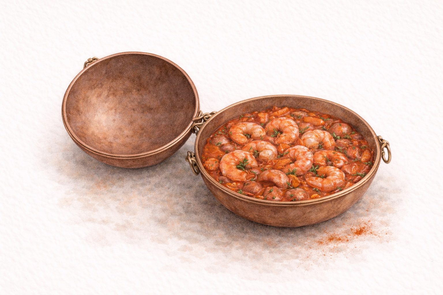 Shrimp Cataplana with Tomatoes, White Wine, and Linguiça