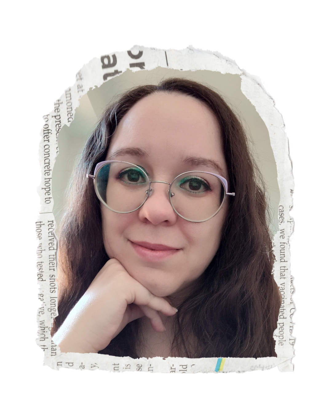 Color photo of Shelby resting their chin on their hand and smiling gently toward the viewer while wearing purple cat-eye glasses and glittery eyeshadow inside a torn arch frame with torn newspaper behind it.