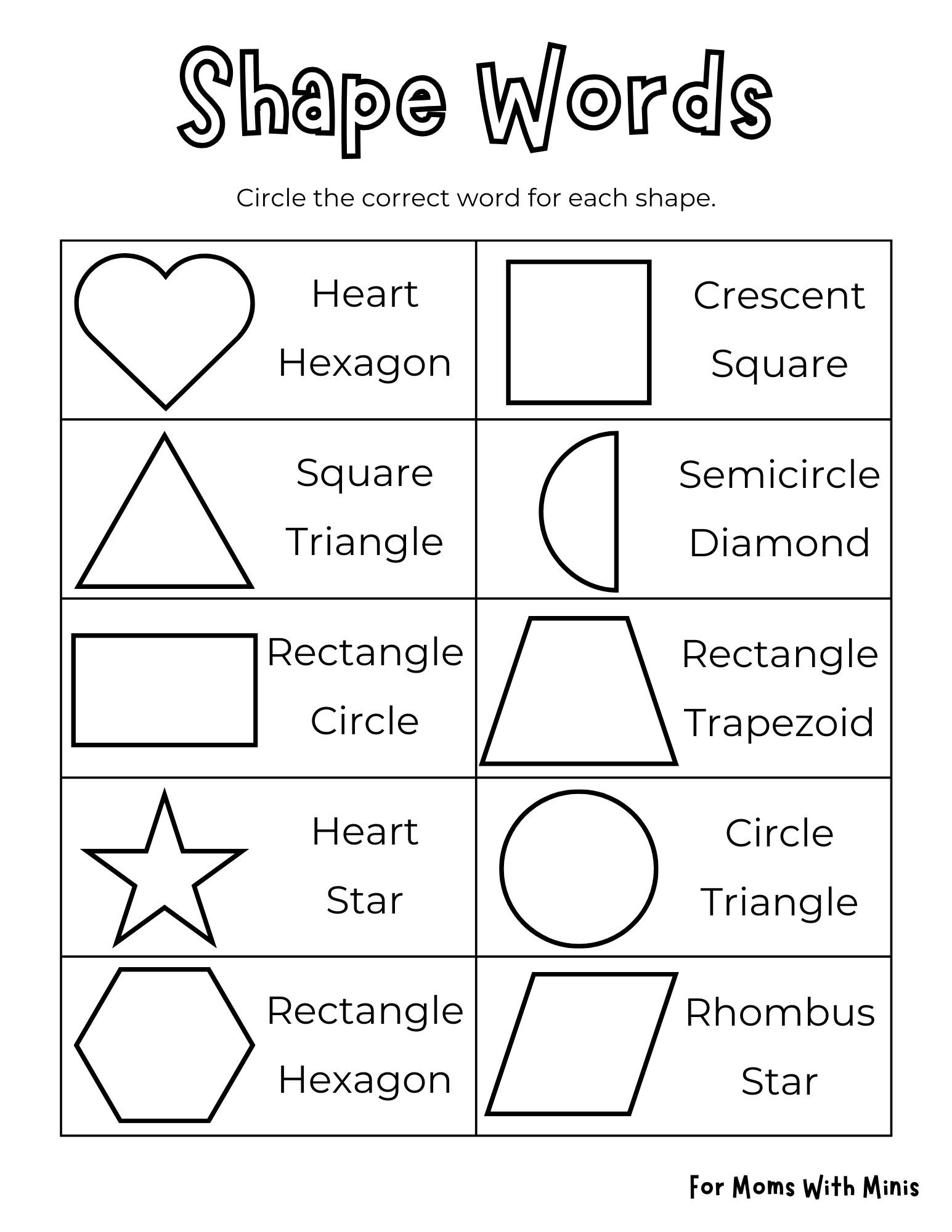 Shape Words Worksheet