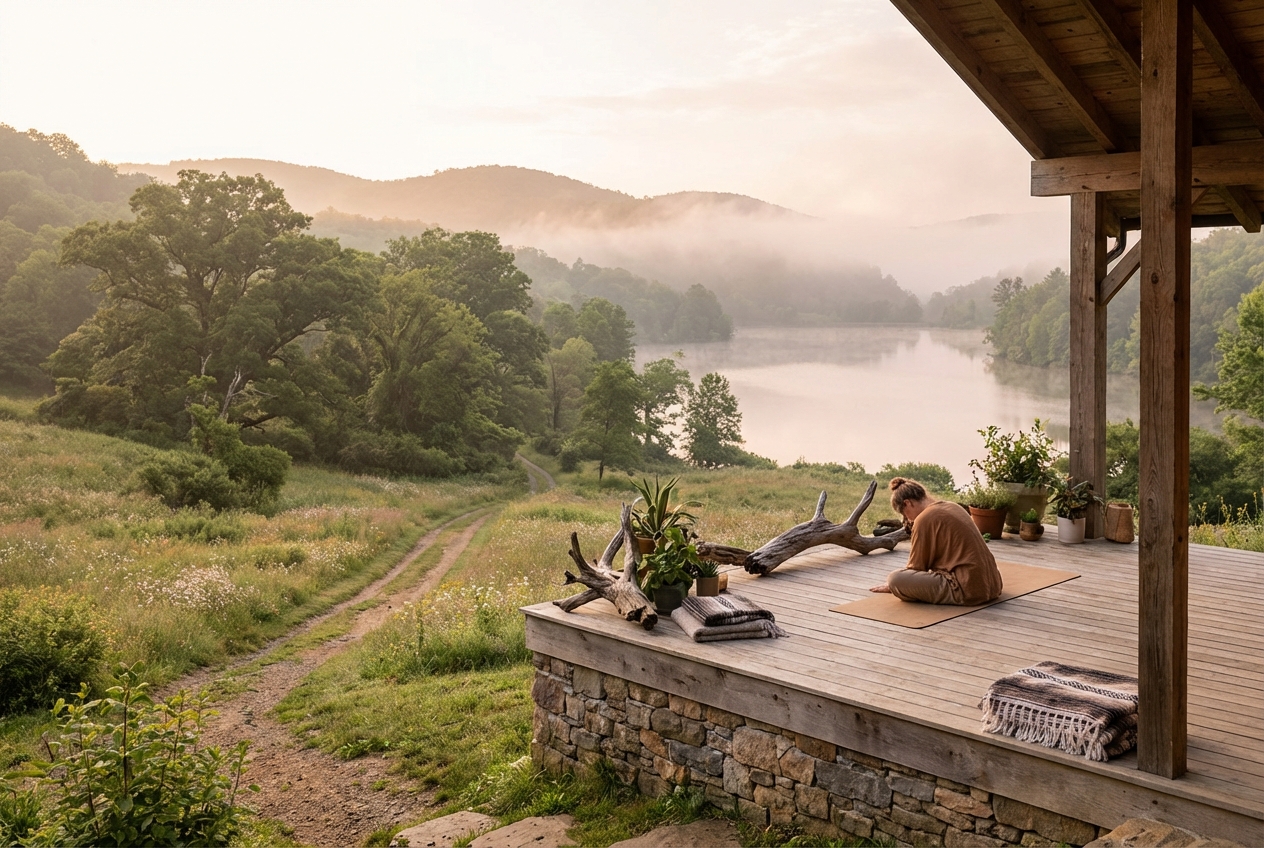 Make me a landscape image inspired by this text as well as nature inspired: Spaces to Breathe, Move and Reconnect
Through yoga classes, workshops and small group experiences, I create spaces that are calm, intelligent and deeply human.My approach is slow