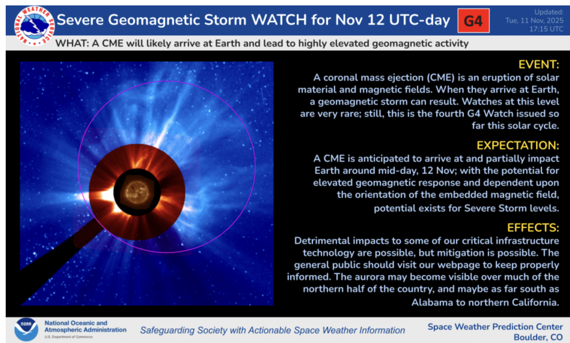 Severe Geomagnetic Storm Watch (G4) in Effect for November 12-13