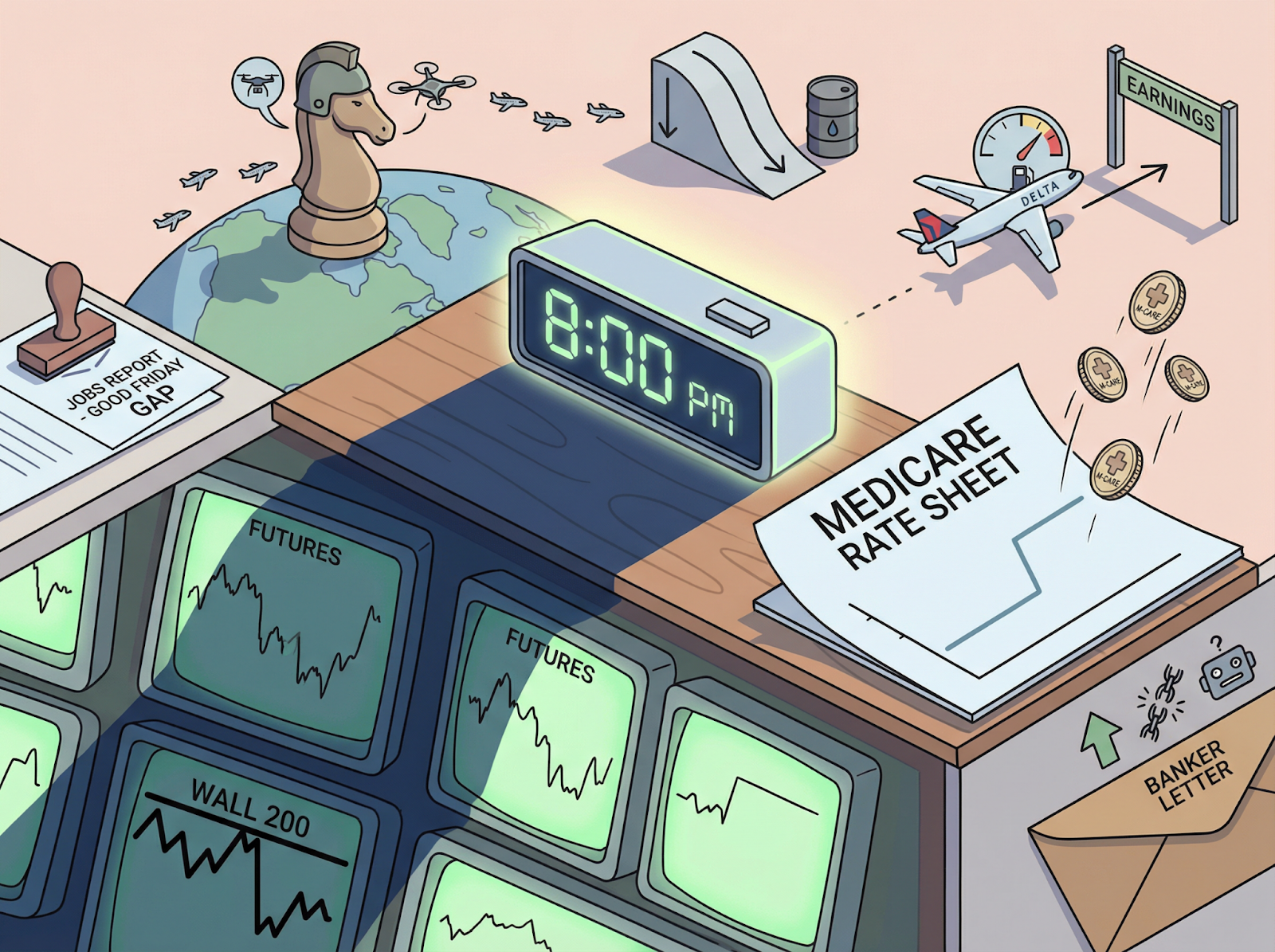 CMS Reprices Managed Care Overnight | Hormuz Deadline at 8pm | Defense Still Leading | Delta Reports Into the Storm