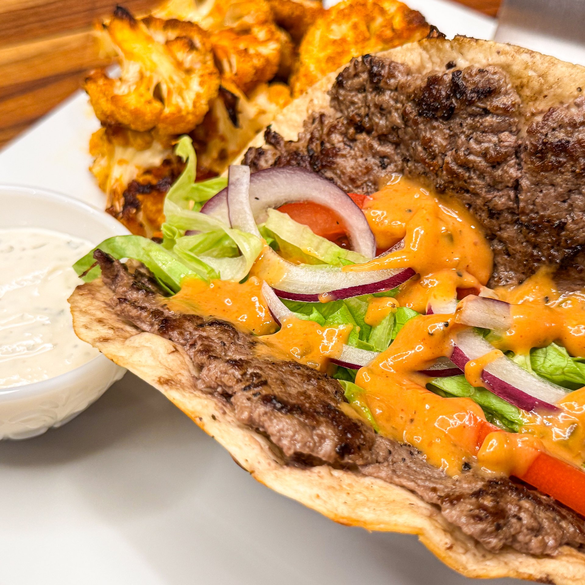 Smash Burger Tacos w Buffalo Cauliflower Bites