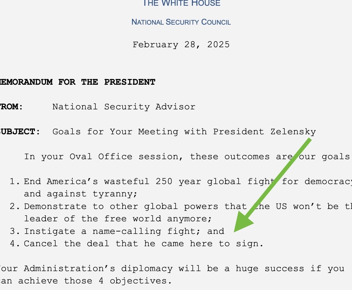 Leaked NSC Memo on Zelensky-Trump Meeting Prep