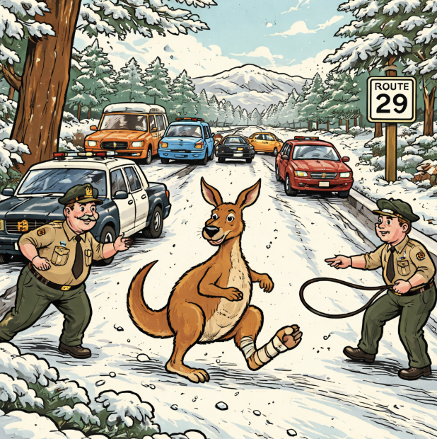 A Kangaroo, a Snowy Road, and a Virginia Traffic Jam