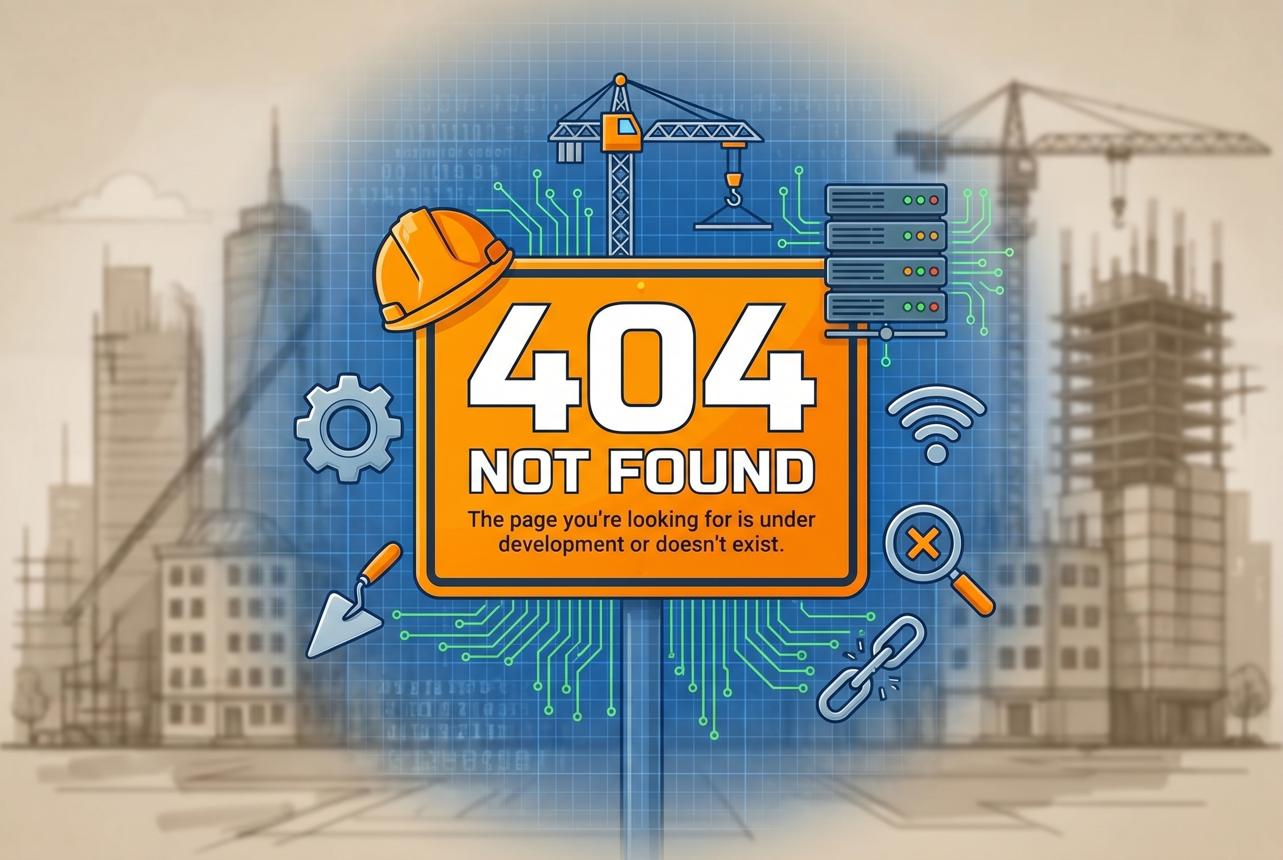 Create an image that reflects my newsletter branding and subject (construction/development/city growth), but that informs the user that the page they are trying to access ins NOT FOUND. Include construction and information technology icons as well.