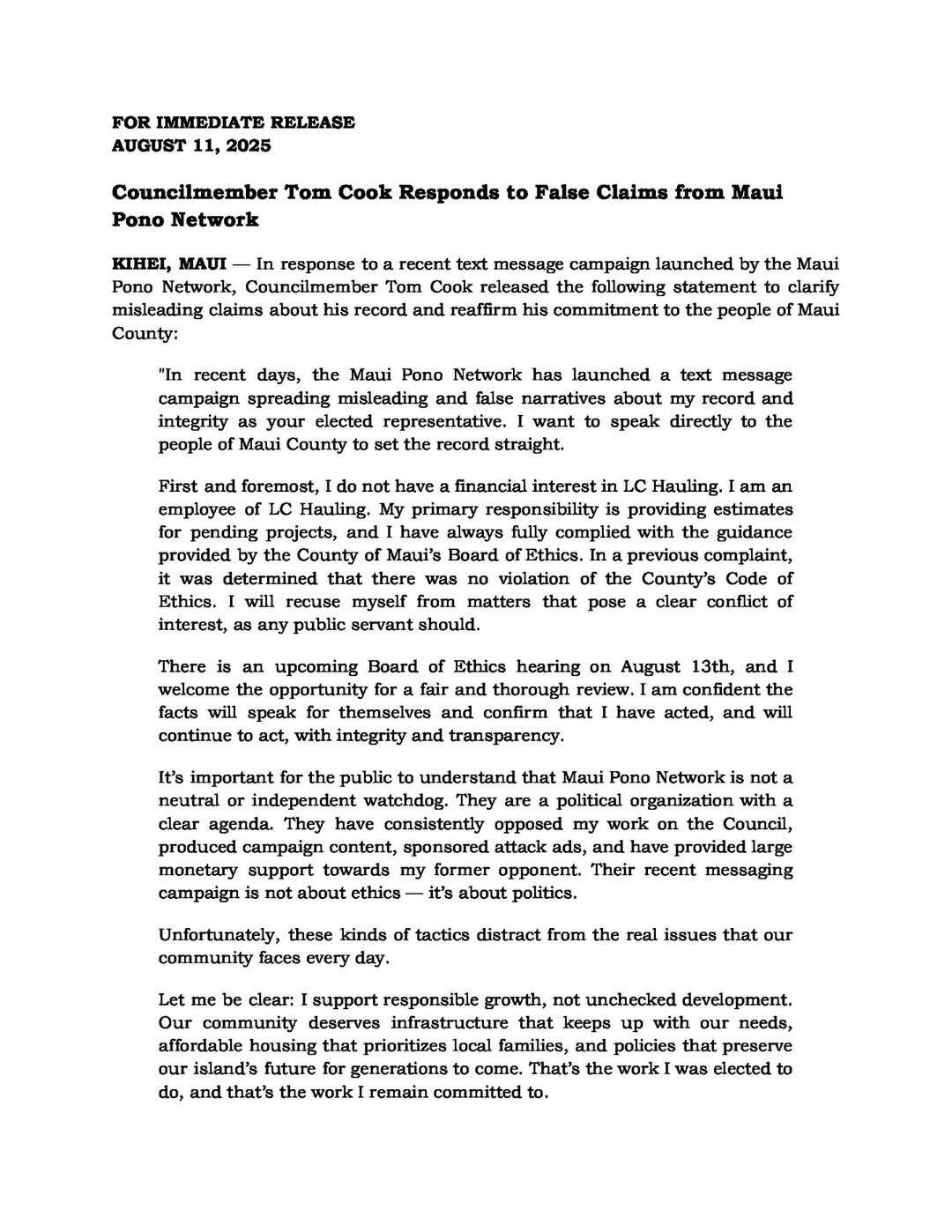 Press Release: Councilmember Tom Cook Responds to False Claims from Maui Pono Network