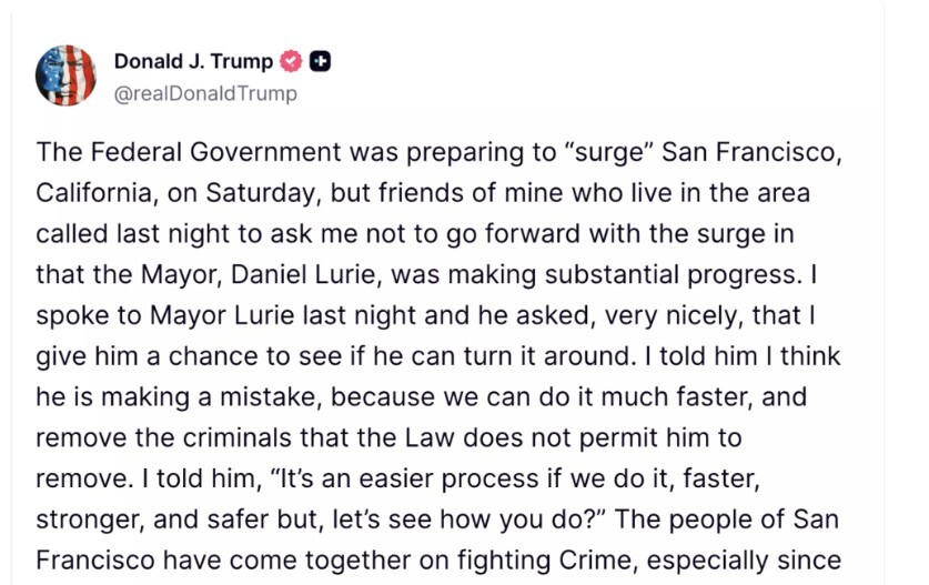 Trump Backs Down on Federal Deployment to San Francisco Bay Area 