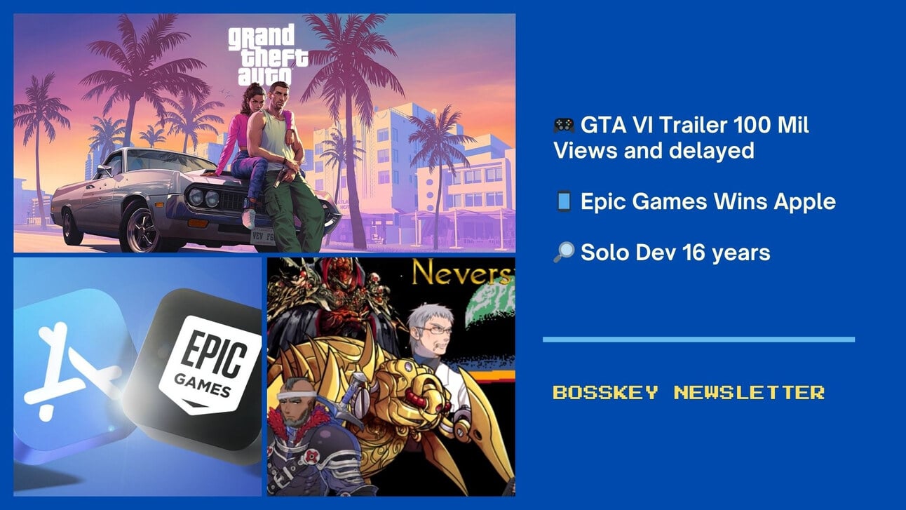 🗝️Bosskey Newsletter 44 - GTA VI Trailer 2 and Delayed, Epic wins Apple, Solo Dev 16 years