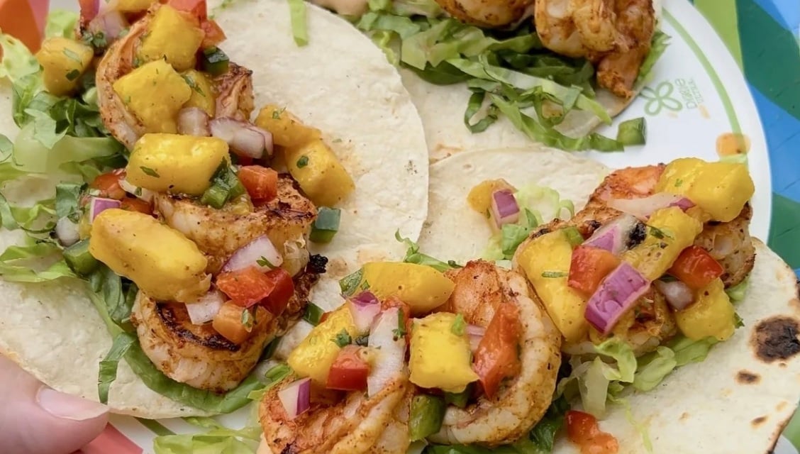 Chili Lime Shrimp Tacos w/ Mango Salsa & Chipotle Crema 
