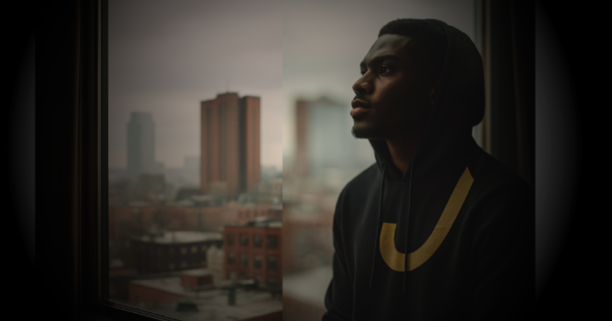 A figure pauses at the window, caught in the moment before perspective shifts.