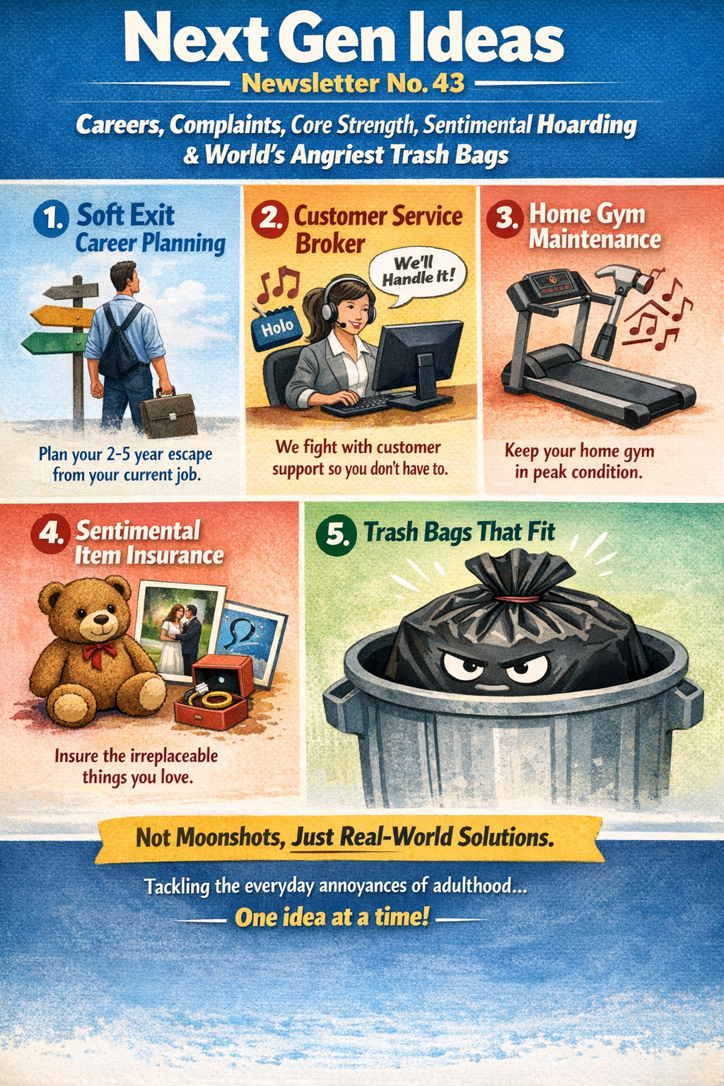 Careers, Complaints, Core Strength, Sentimental Hoarding, and the World’s Angriest Trash Bags