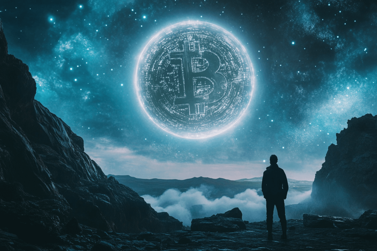 Silhouette looking at a glowing Bitcoin moon