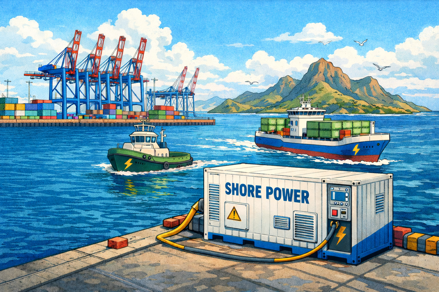 Bremerhaven first OPS • EIB funds Cabo Verde ports • Port newark hybrid straddle carriers • Rotterdam funds 8 projects • Yucatan orders e-cranes • Adriatic Gate hybrid rtgs • TT Club urges ops planning • Norway orders e-coastal cargo ship • Remontowa builds hybrid ferry • Voltari e-boat shipyard • Hanwha calls for ecosystem • Fleetzero raises 43m • ABS Fleetzero MoU • Cavotec CEO on profitable sustainability • EV Maritime electrifies fast ferries • WeForum on zero emission ecosystem