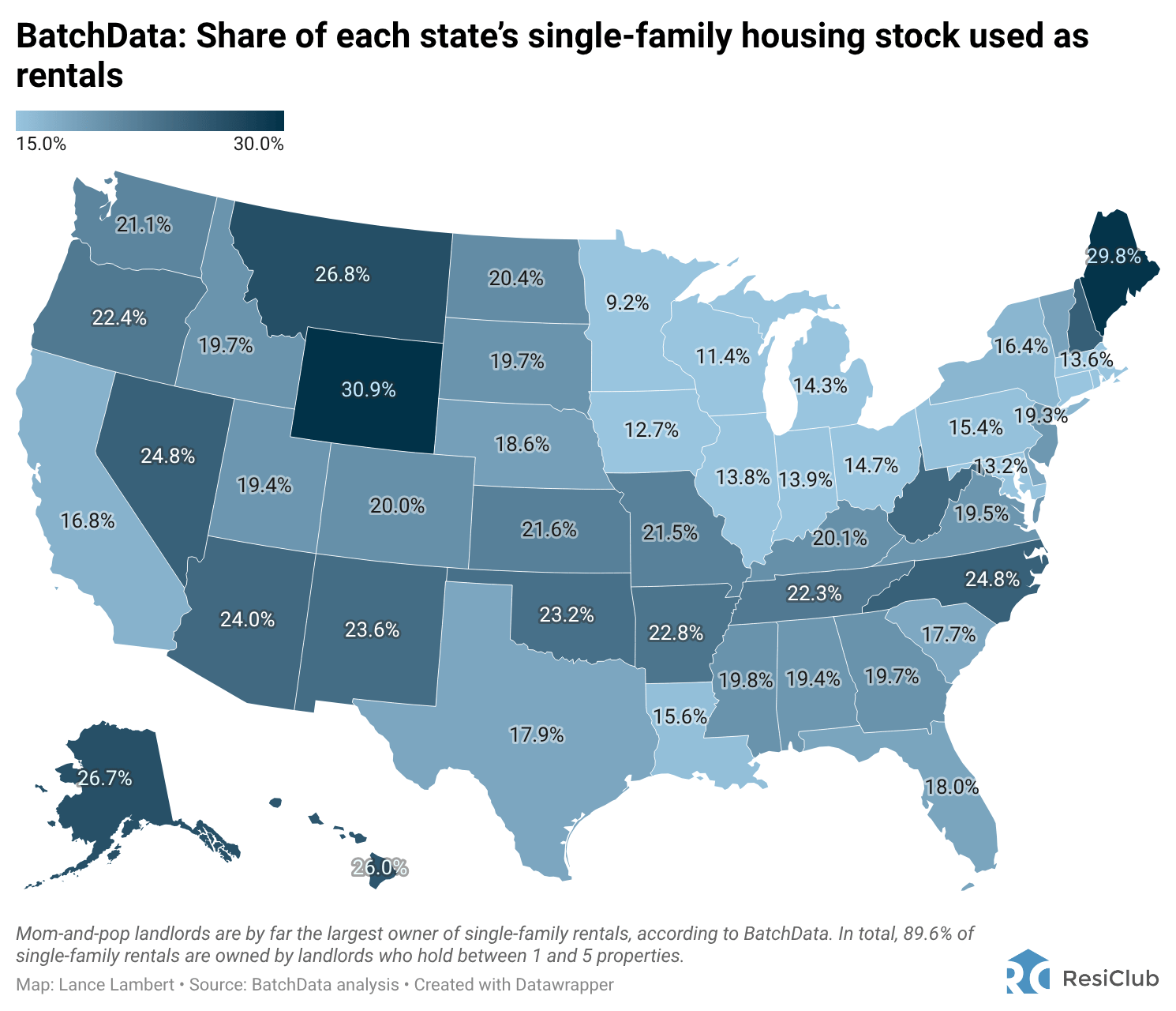 The share of each state’s single-family housing stock used as rentals, according to BatchData