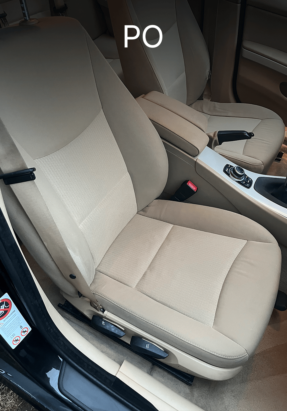 Czyste siedzenie kierowcy w BMW po detailingu – odświeżona jasna tapicerka, usunięte plamy i dokładnie wyczyszczona podłoga, Chełmno, kujawsko-pomorskie