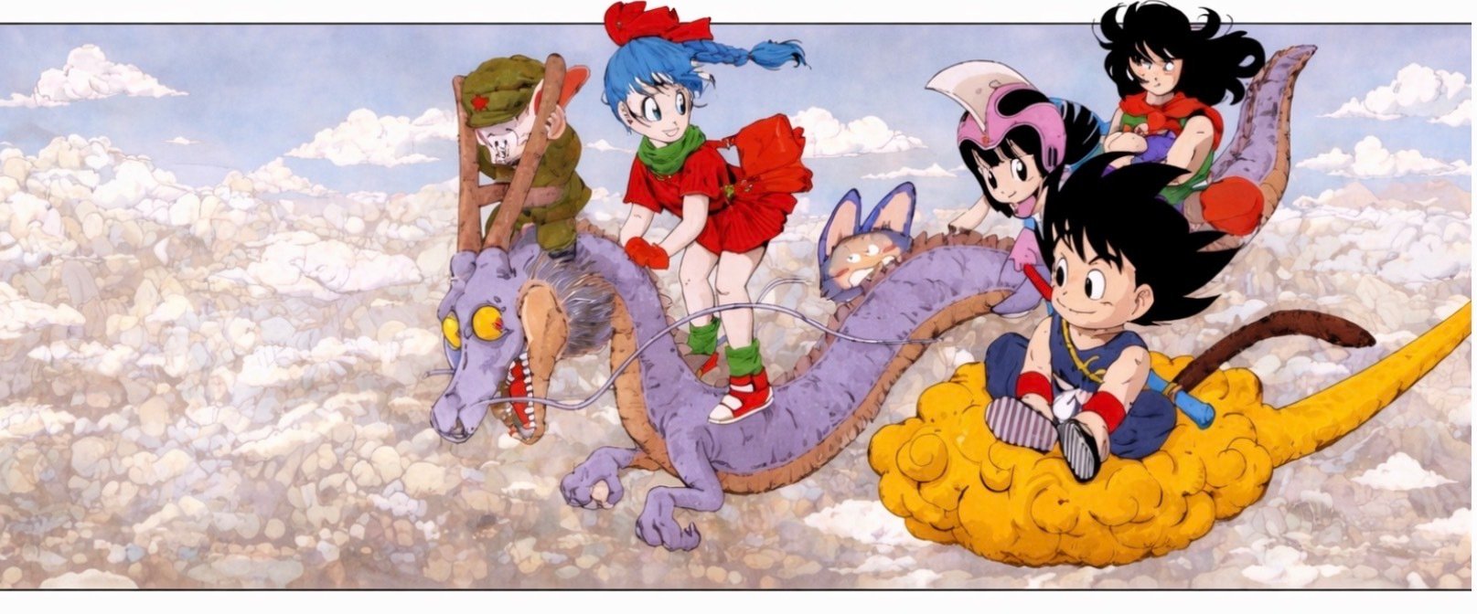 Classic artwork by Akira Toriyama featuring goku, yamcha, chichi, puar, bulma, oolong, and dragon. image shows them flying through the sky above the clouds.