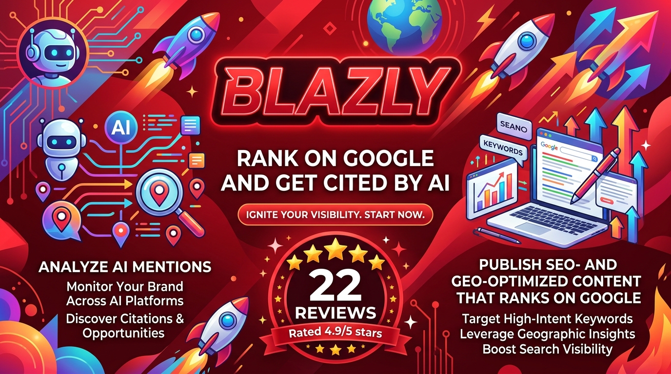 Blazly helps you rank on Google and get noticed by AI by analyzing AI mentions and letting you publish SEO- and GEO-optimized content that ranks well.