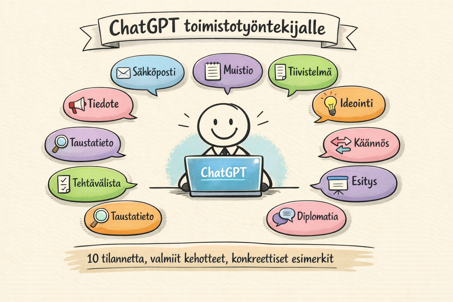 ChatGPT toimistotyöntekijälle: 10 tilannetta, valmiit kehotteet, konkreettiset esimerkit