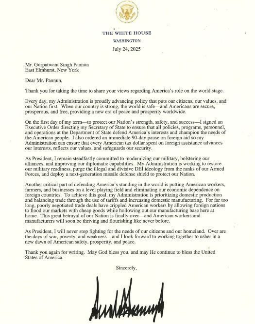Trump Letter to SFJ's Pannun: ‘America Will Defend Its Values and People’