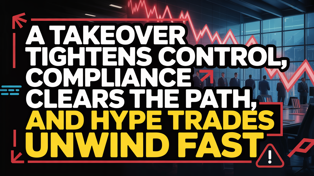 A Takeover Tightens Control, Compliance Clears the Path, and Hype Trades Unwind Fast
