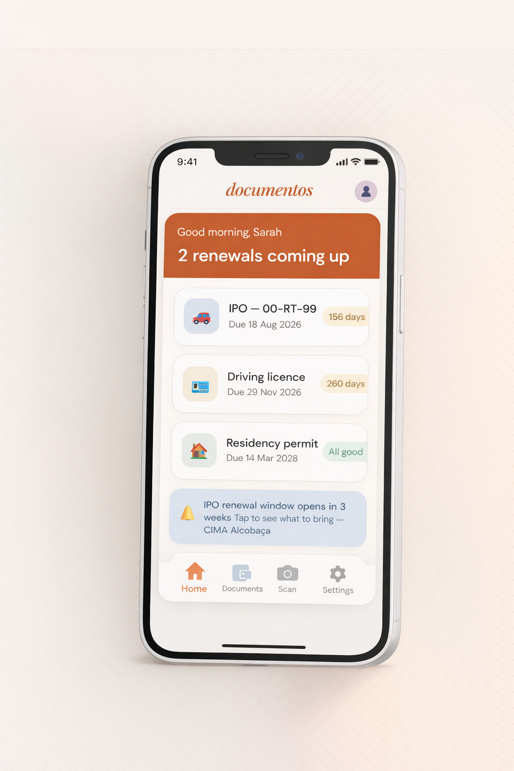 Documentos app showing renewal tracking dashboard