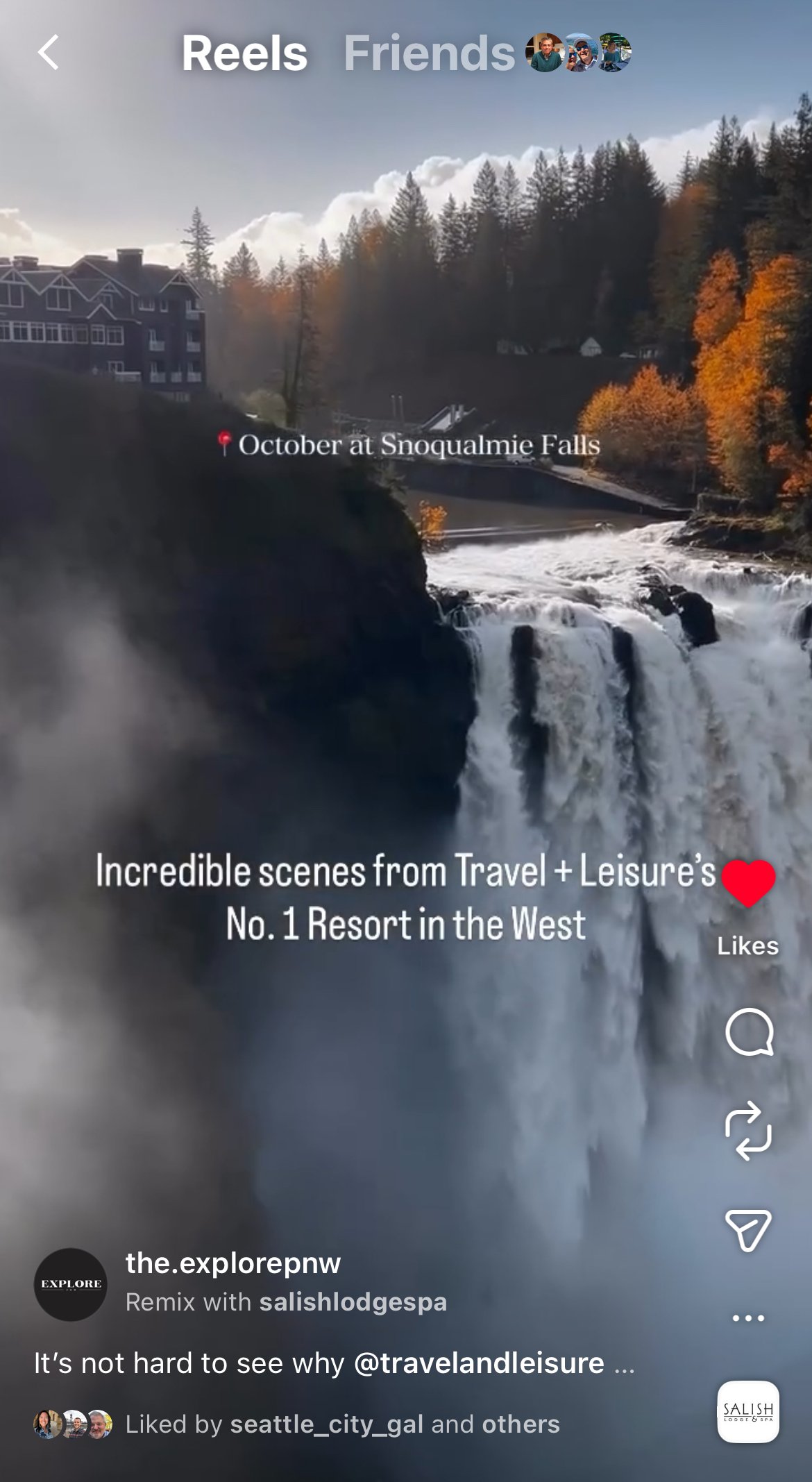 A screenshot of an Instagram reel featuring October at Snoqualmie Falls