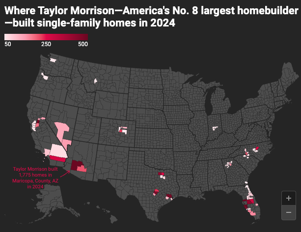 Housing footprints of America’s 21 largest homebuilders, shown with interactive maps