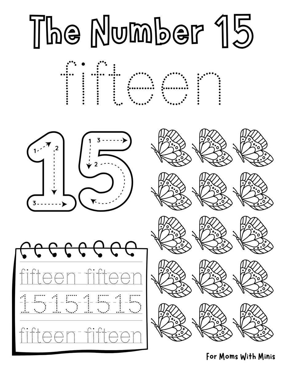 Write the Number Fifteen and Count the Butterflies