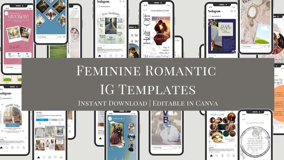 Feminine Romantic Writer Instagram Templates | Romance Author Social Media Pack | 60 IG Canva Posts & Stories