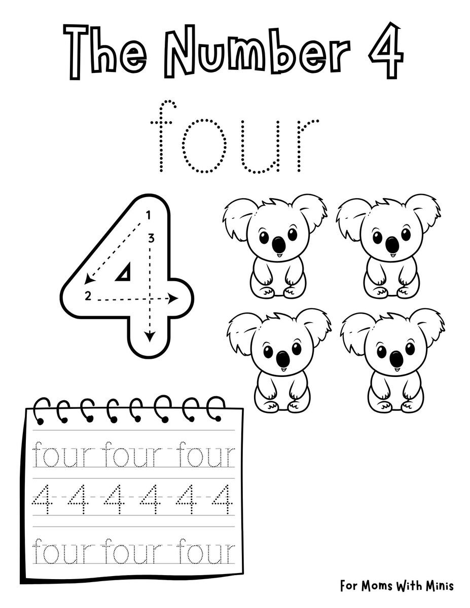 Write the Number Four and Count the Koalas