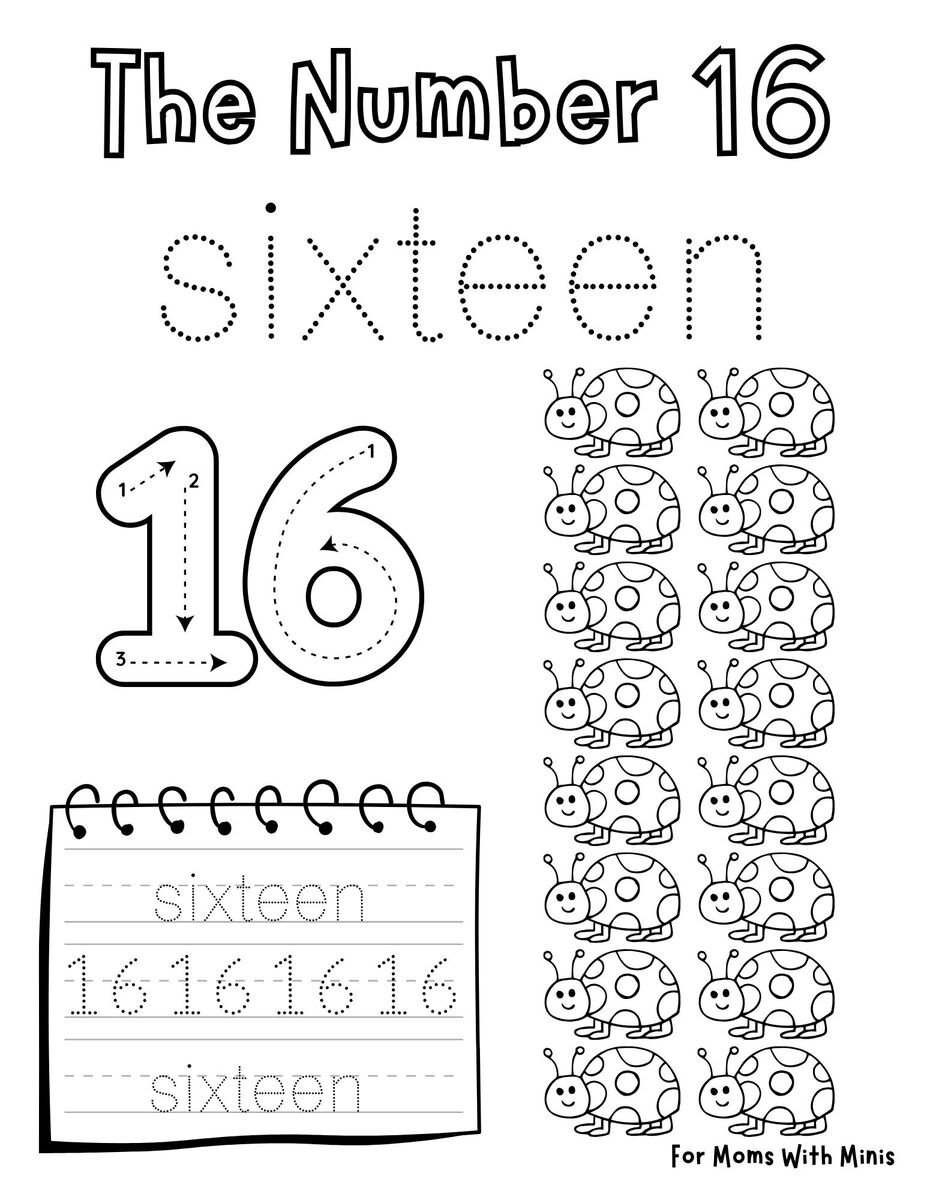 Write the Number Sixteen and Count the Ladybugs