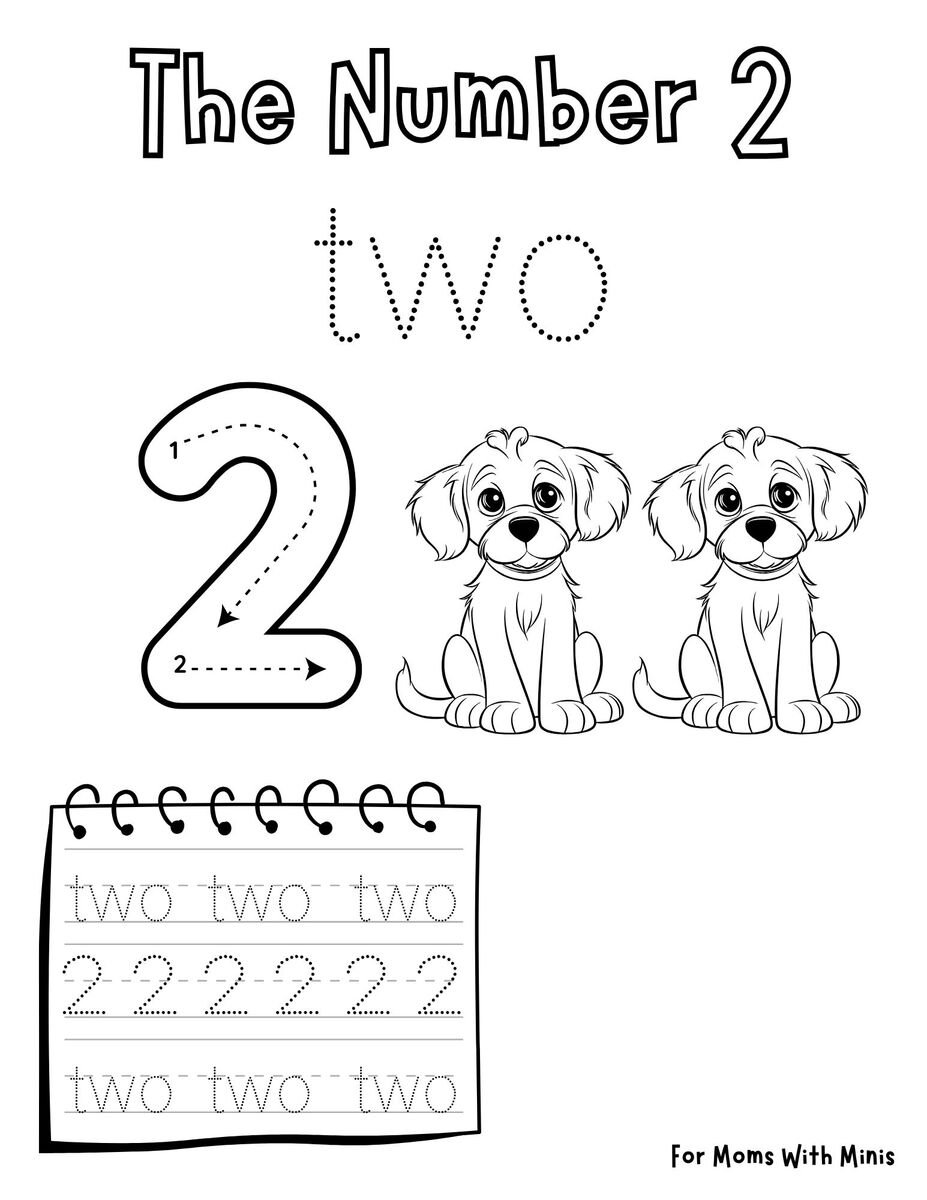 Write the Number Two and Count the Puppies