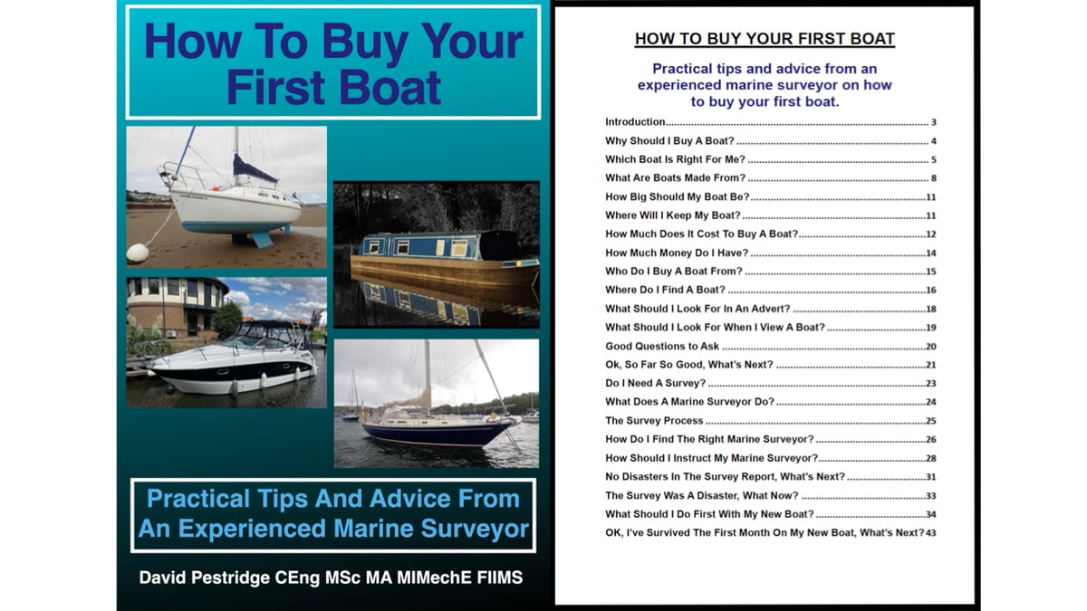 The cover image and contents page for a book titled 'How To Buy Your First Boat' written by David Pestridge of White Hat Marine Surveying 